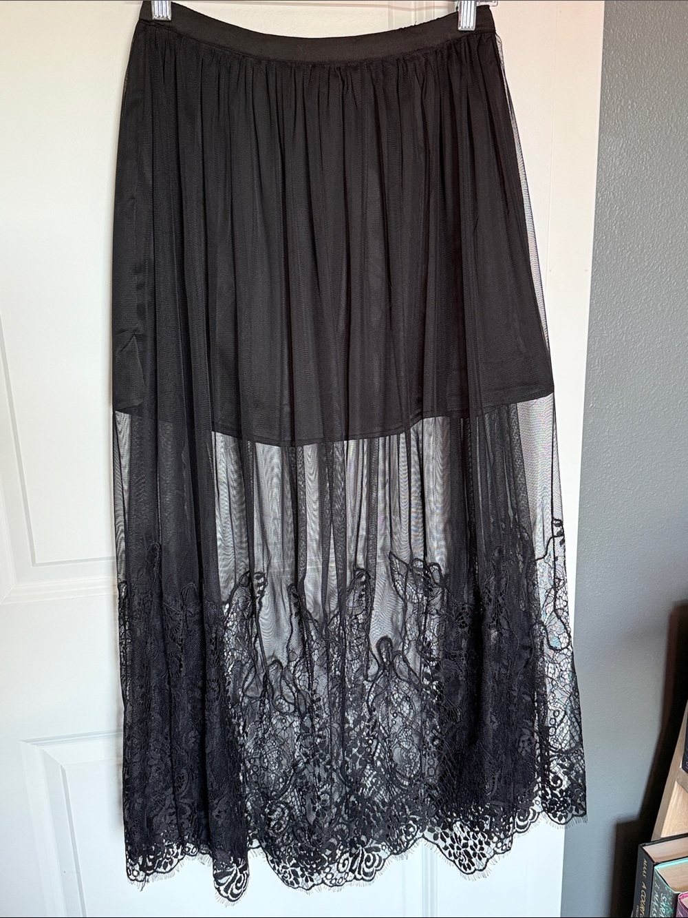 Elegant Black Lace-Trim Maxi Skirt